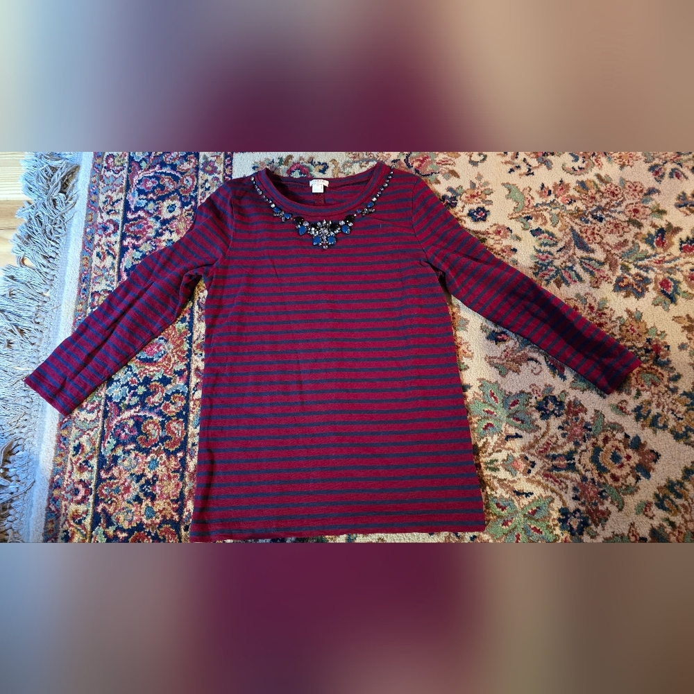J. Crew Women 3/4 Sleeve Tee with Red and Blue Stripes